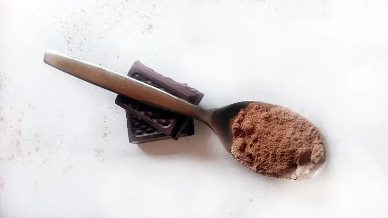Pezzi di cioccolato fondente accanto a cacao in polvere