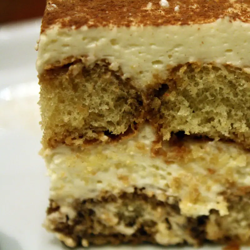 Primo piano di un tiramisù spolverato di cacao