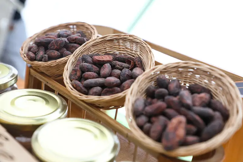 Prodotti peruviani, tra cui il cacao, esposti agli stand di una fiera