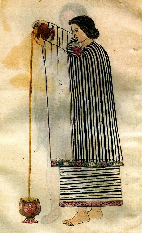 Illustrazione del Codice Tudela con una donna azteca che versa il cioccolato da un recipiente all'altro per creare la schiuma